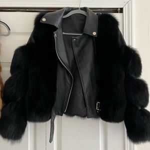 Leather fur bomber jacket